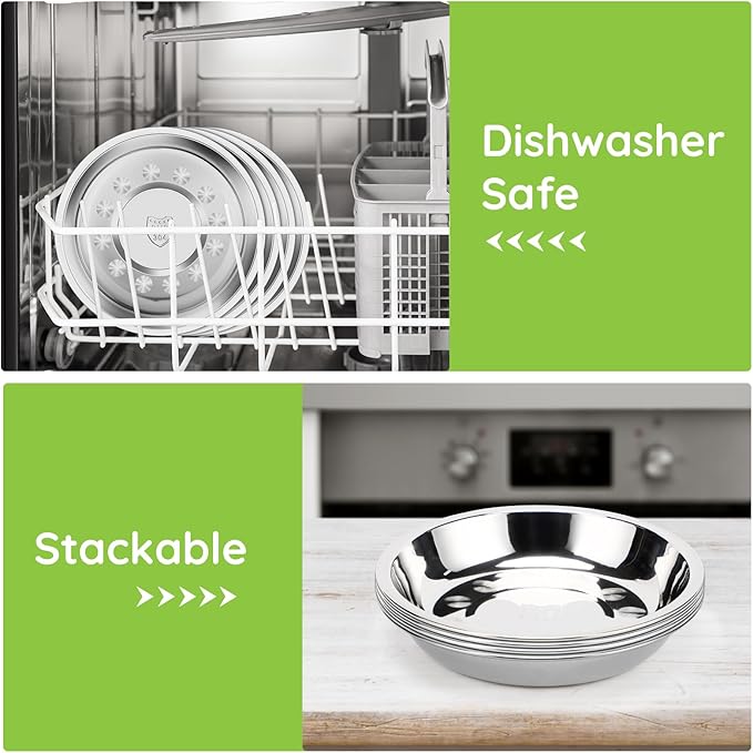 4 Patterned Deep Stainless Steel Plates, 7.8 inch 304(18/8) Metal Camping Plate, Reusable Food Serving Snack Eating Dishes Round Shatterproof Silver BBQ Dinner Dinnerware Oven Dishwasher Safe