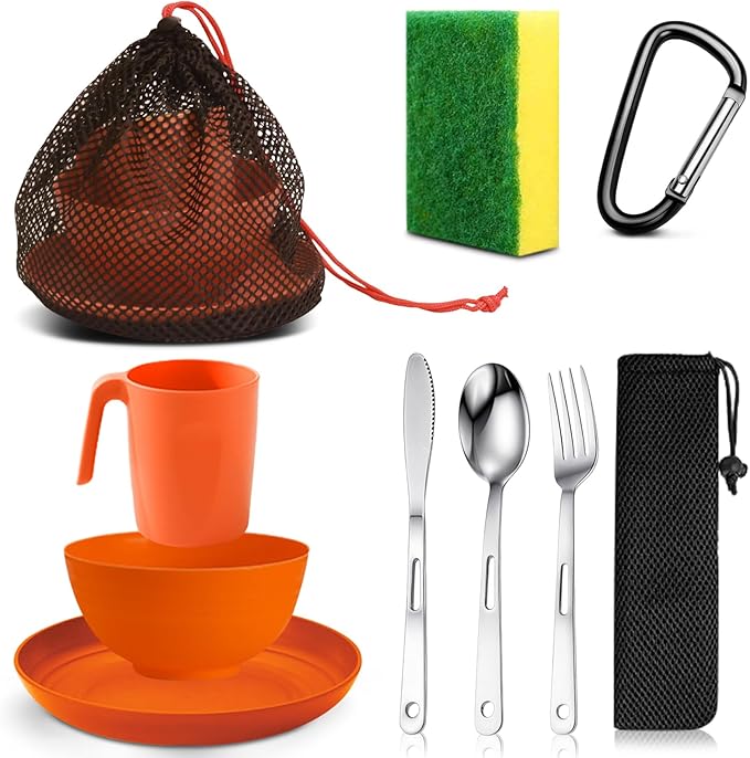 Scout Camping Mess Kit for Person Boy Scout Dishes Set Girl Scout Mess Kit with Mesh Bag Reusable Light Weight Eating Utensils Plastic Camping Cutlery Set for Travel Camp