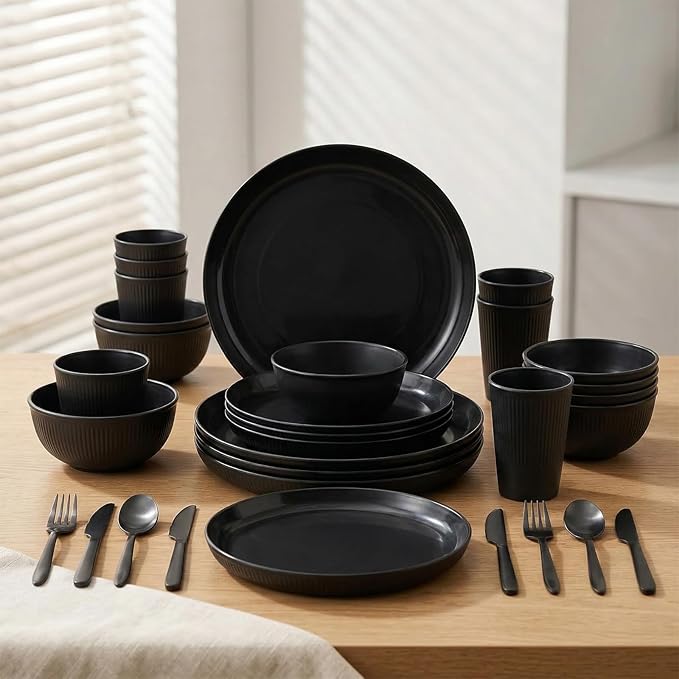 36 Pcs Wheat Straw Dinnerware Set,Dinnerware Sets for 6,Large Round Plates, Bowls and Cups, Unbreakable dish set, Dishwasher and Microwave Safe, Outdoor Camping Dishes (Black)