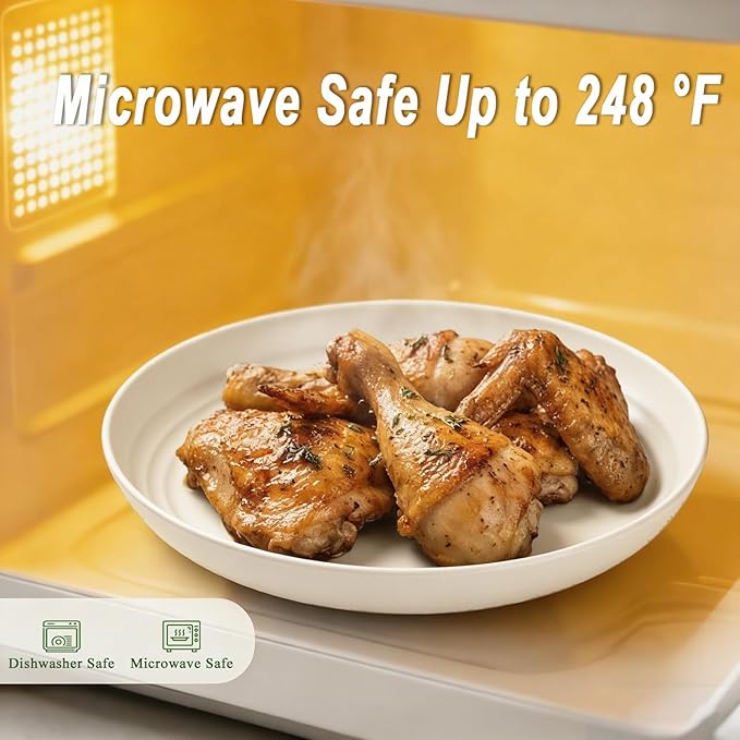 Wheat Straw Plates 10 Inch, Reusable Plastic Plates Set for 8, Unbreakable Dinner Plates for Salad, Noodle, Microwavable Plates for Kitchen, Outdoor, Camping, RV - White