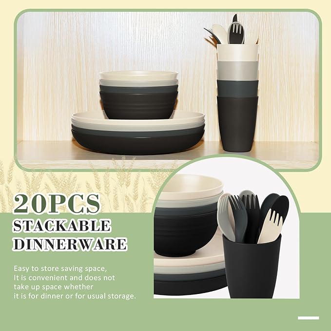 Wrova Wheat Straw Dinnerware Sets for 4, 20-Piece Reusable Kids Plates and Bowls Sets with Flatwares, Unbreakable Bowls and Plates Sets with Cups, Microwave Safe Dishes Set for Kitchen. Black & Grey