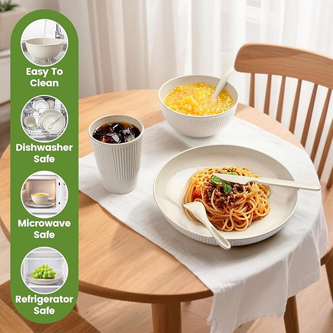 36-Piece Reusable Wheat Straw Dinnerware Sets for 6, Farielyn-X Unbreakable Reusable Set Kitchen Cups, Plates, Bowls Sets & Cultery Dishwasher Microwave Safe - Patio, Outdoors, RV, Camping Dishes