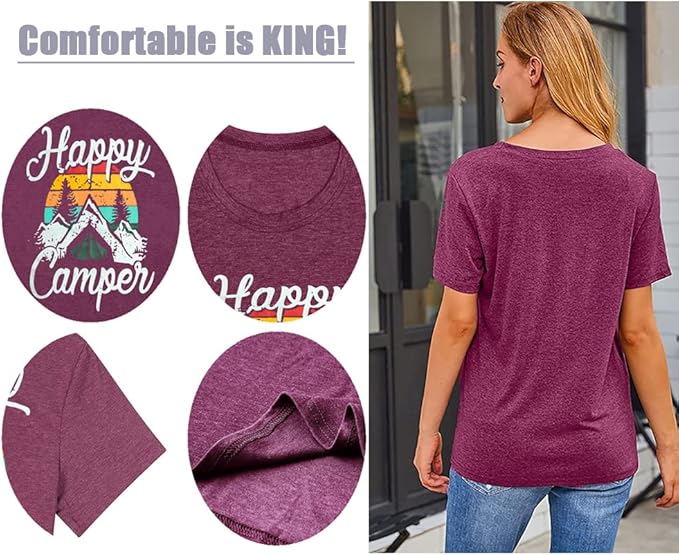 Happy Camp T-Shirt Women Hiking Mountain Adventure Novelty Workout Funny Saying Cute Graphic Athletic Shirt