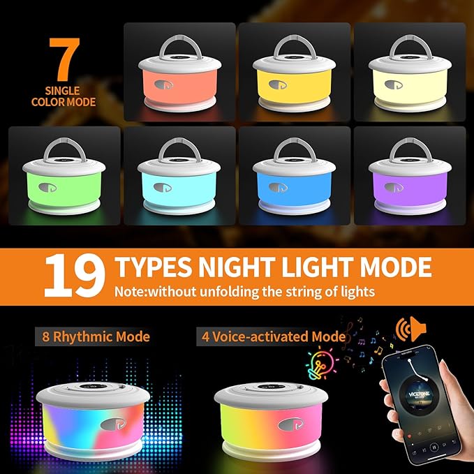 TOHETO Camping String Lights, 3 in 1 Upgraded Retractable RGB Outdoor String Lights with 19 Lighting Modes, Quick 30s Recovery, 32.8 FT Portable Tent Lights, Rechargeable Camping Lantern (White)
