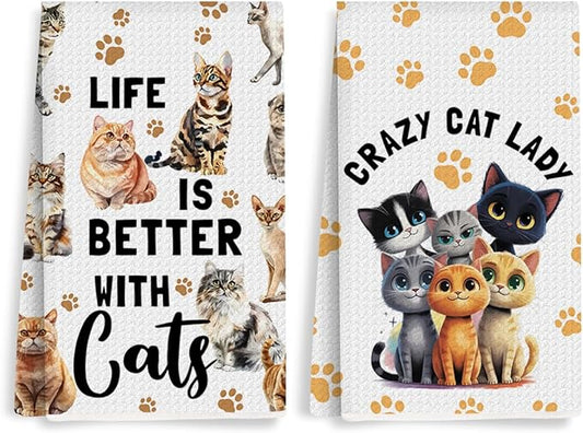 2PCS Cute Cat Kitchen Towels, Cat Themed Gifts Reusable Absorbent Waffle Weave Dish Tea Towels for Cleaning Cooking Baking, Cats Lovers Gifts for Women Microfiber Kitchen Towel, Housewarming Gift-2