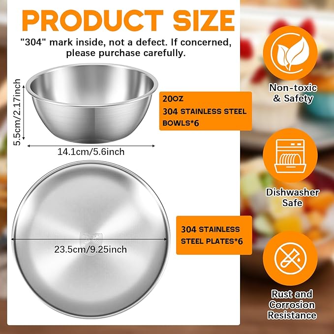 304 Stainless Steel Plates and Bowls Sets for 6, 12 Pieces 9 Inch Metal Camping Plates and Bowls Sets for Picnic, Travel, Reusable Double Insulated Dinnerware for Adult Girls Boys (Silver)