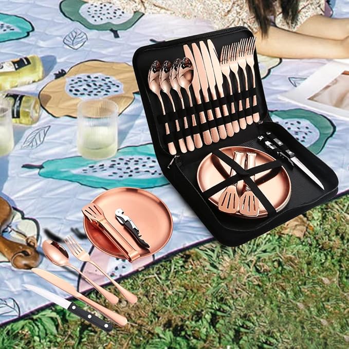 Picnic Tableware Set Camping Dinnerware Copper/Rose Gold Silverware and Plates Kit for 4 Portable Utensils Stainless Steel Dishes Spoons Forks Knives Bottle Opener Food Tongs