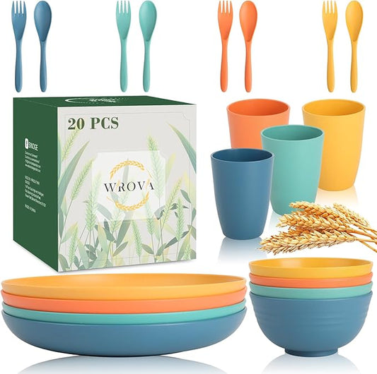 Wrova Wheat Straw Plates and Bowls Set with Flatware,20-piece Unbreakable Kids Plates and Bowls sets,Dishwasher Safe Wheat Straw Dinnerware Sets for Kitchen,Camping,Apartment and Dorm.Vibrant Series