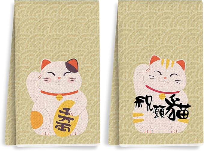 2PCS Cute Lucky Cat Kitchen Towels, Waving Cat Themed Gifts Waffle Weave Dish Tea Towels for Bathroom, Cats Lovers Gifts for Women Microfiber Kitchen Towel, Housewarming Gift