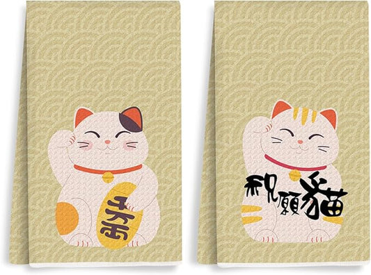 2PCS Cute Lucky Cat Kitchen Towels, Waving Cat Themed Gifts Waffle Weave Dish Tea Towels for Bathroom, Cats Lovers Gifts for Women Microfiber Kitchen Towel, Housewarming Gift