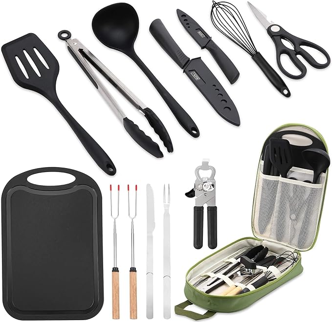 Wesqunie Camping Essentials Cookware Cooking Utensils Set - Portable Camp Kitchen Mess Kit Outdoor Accessories, Stainless Steel & Silicone, Camping Gear Equipment for RV Picnic Grill, 14PCS Green