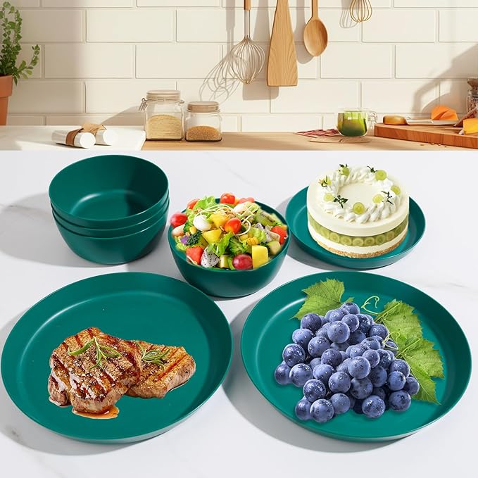 EI 12pcs Dark Green Wheat Straw Plates,Plate and Bowls Sets,Wheat Straw Dinnerware Set,Unbreakabl Plastic Plates Reusable,eMelamine Dinnerware Sets