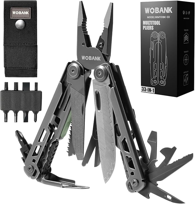Multitool, 33-in-1 Stainless Steel Multi Tool Pliers with Screwdriver Sleeve, Damascus Pocket Knife, Nylon Sheath for Outdoor, Survival, Camping, Hiking, Simple Repair