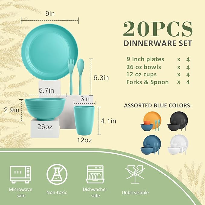 Wrova Wheat Straw Dinnerware Sets of 20,Dishwasher Safe Kitchen Plates and Bowls Sets,Camping Dishes Sets Contains Dinner Plates,Cereal Bowls,Drinking Cups and Flatware.(Green)