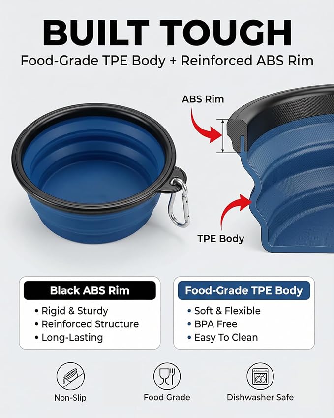 Collapsible Dog Bowls for Travel, 2-Pack Dog Portable Water Bowl for Dogs Cats Pet Foldable Feeding Watering Dish for Traveling Camping with Carabiners, BPA Free (Grey&Navy, Medium (Pack of 2))