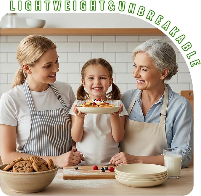 Wheat Straw Salad Plates 8 Inch Set of 6, Unbreakable & Lightweight Dinner Plates, Plastic Plates Reusable, Microwave and Dishwasher Safe for Kitchen, Camping, Beige