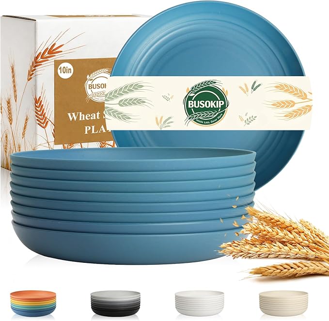 Deep Dinner Plates 10 Inch, Plastic Plates Reusable, Unbreakable Wheat Straw Plates Set of 8, Microwave and Dishwasher Safe Serving Plate for Main Course - Blue