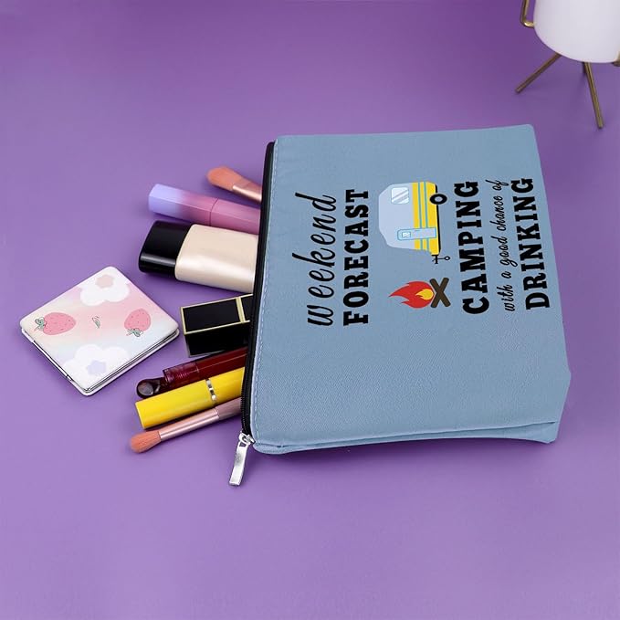 Funny Camping Gifts for Women Blue Makeup Bag Happy Camper Retirement Gifts Camping Themed Gifts for Adults Cosmetic Bag Camper Accessories for Travel Trailers Birthday Christmas Graduation Gift