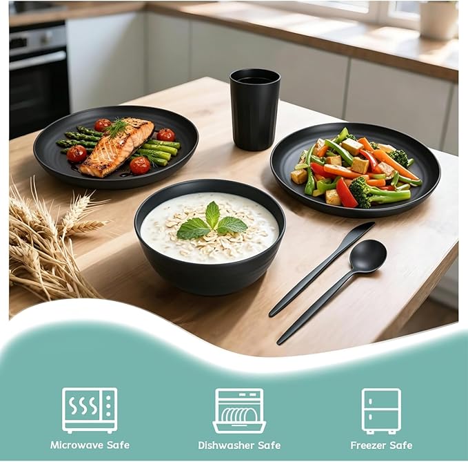 PYRMONT Dinnerware Set Wheat Straw Bowls and Plates Set Unbreakable Kitchen Dishes Service for 4 Microwave & Dishwasher Safe Plastic Dish Set for Camping,RV,Picnic-Black