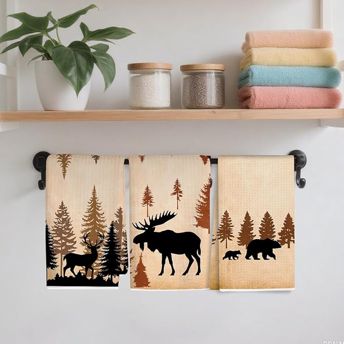 3PCS Wild Animal Deer Moose Bear Forest Camping Kitchen Towel for Campsite Cabin RV, Forest Wildlife Reusable Absorbent Waffle Weave Dish Tea Towels for Cleaning Cooking Baking, Camping Lovers Gifts
