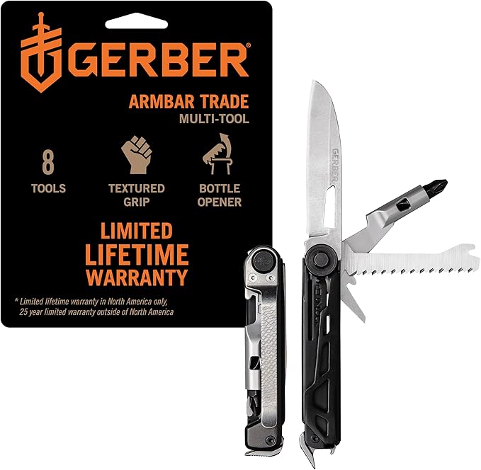 Gerber Gear Armbar Trade 8-in-1 Multi-tool - 2.5" Plain Edge Blade, Pry Bar, Hammer - EDC Gear and Equipment - Onyx