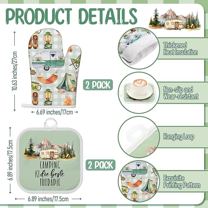 Hahafelt 8 Pcs Camping Kitchen Gift Dish Towel Pot Holder Oven Mitt Set 4 Bonfire Tent Car Tea Towels with Funny Sayings Novelty 2 Oven Mitts 2 Pot Holders Camping Accessories Decor for Rv Campers