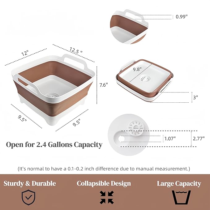 GIMWA Collapsible Wash Basin for Baby Bottles - 2.4 Gallons Portable Wash Bin for RV Camping Sink, Space-Saving Dish Tub (Mocha)