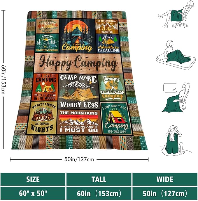 Cool Camping Gifts for Women, Camping Blanket 60" X 50", Woman Camping' Gift Camper Decor, Camp Blanket, Camping' Stuff, Camping's Decor for Camper, Blankets Gifts for Camping Lover