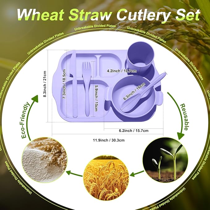 24 Pcs Wheat Straw Dinnerware Cutlery Set for Aldult Including Divided Plates Microwave Dishwasher Safe Bowl Unbreakable Tableware Straw Cutlery Spoon Knife Fork(Light Purple, Light Pink)