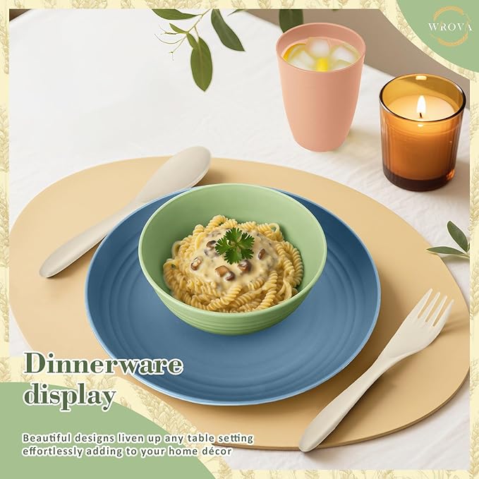 Wrova Wheat Straw Kids Plates and Bowls Sets,Unbreakable Kids Dinnerware sets with Flatwares,Lightweight Reusable Camping Plates and Bowls Sets.Nordic Series