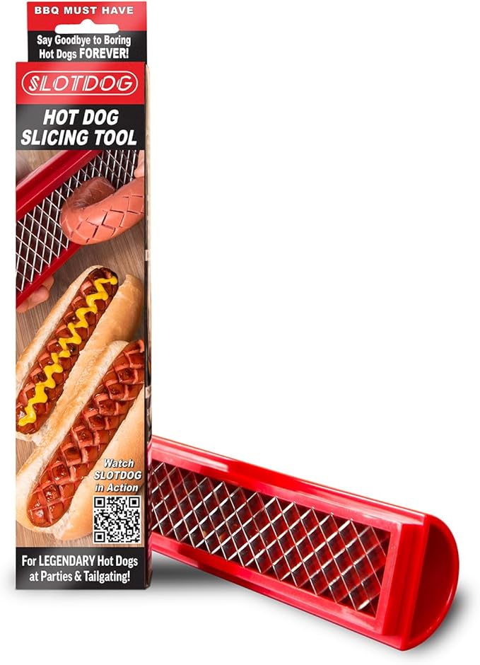SLOTDOG - Hot Dog Slicing Tool - Stainless Steel Cutter Blades for Kitchen, Grilling, Tailgating, Camping and Backyard Outdoor BBQ - 10 inch - Red