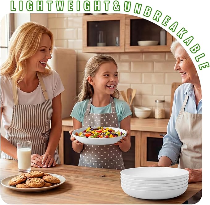 10 Inch Wheat Straw Plates Set of 6, Unbreakable Deep Dish Dinner Plates, BPA-Free Reusable Plastic Plates, Microwave and Dishwasher Safe for Kitchen, Camping, Party, White