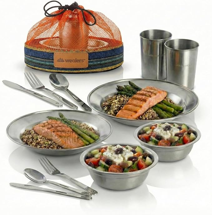 Unique Complete Messware Kit Polished Stainless Steel Dishes Set| Tableware| Dinnerware| Camping| Includes - Cups | Plates| Bowls| Cutlery| Comes in Mesh Bags