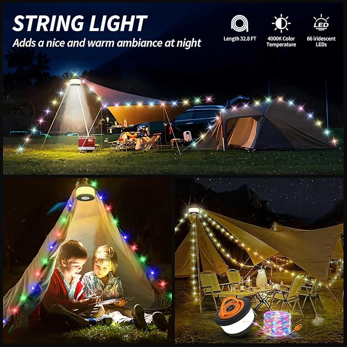 Zocelight Camping String Lights,2 in 1 Upgraded 32.8FT Rechargeable Tent Lights String with 19 Lighting Modes,Quick Storage，Portable LED Lamp for Bedroom Yard Decor Christmas Camping Essentials
