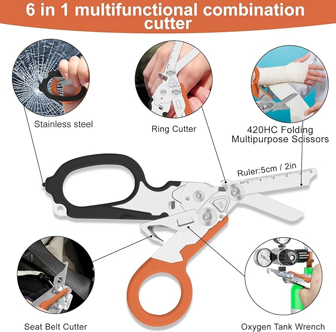 Lemasa6 in 1 6 in 1 trauma shears, Folding Retractable Emergency Shears, Outdoor Camping Tools, Seat Belt Cutter, Oxygen Cylinder Wrench, Complimentary Adjustable Wrench (Black Orange)