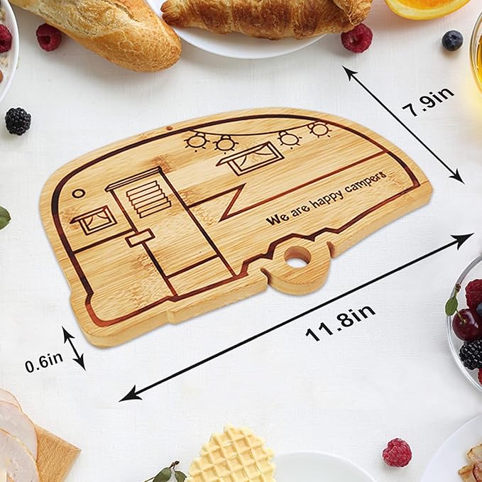 RV Cutting Board Campsite Retro Happy Camper Bamboo Wood Camper Chopping Board Perfect Funny Serving Tray for Vegetables Fruit Cheese, RV Camper gifts,Home Deco