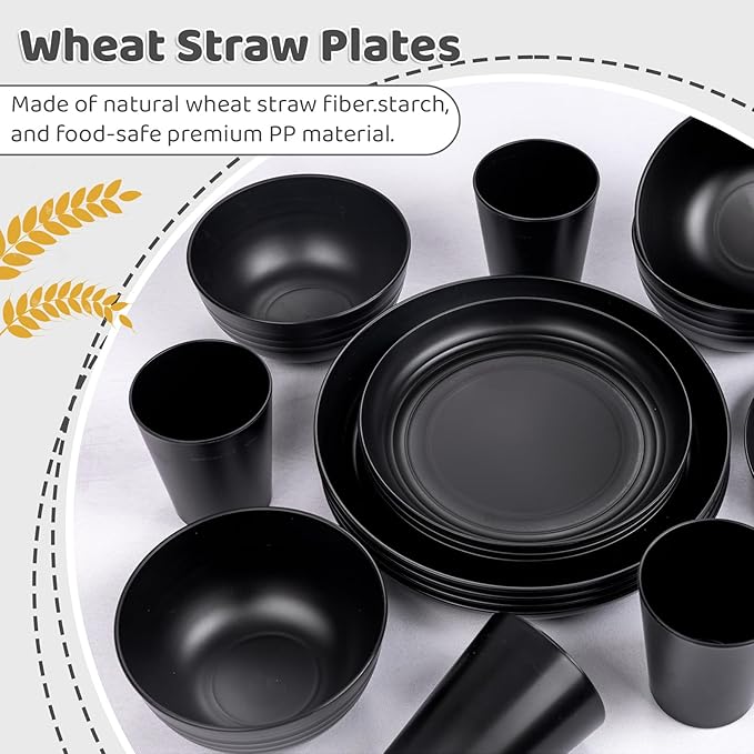 LIYH 16 Pcs Black Wheat Straw Dinnerware Set - Unbreakable Plates and Bowls Sets, Dish Sets for 4, Black Plastic Dinnerware Set Include Wheat Straw Dinner Plates Bowls Cups Kitchen & Camping