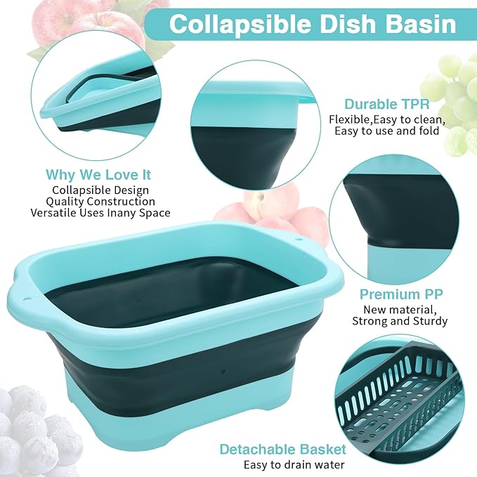 Collapsible Dish Basin with Drain Plug and Portable Sink, 11L(2.91 Gallon) collapsible Bucket with Sink, FoldableWash Basin for Station Campin/Camping/Rv/Kitchen (Green)