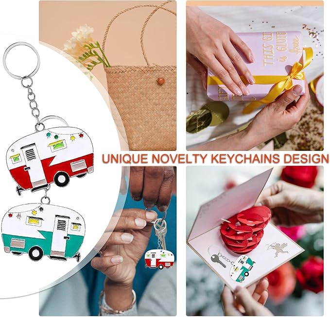 2 Pack Camper Keychain Set Happy RV Camper Keyring Couples Camping Accessories for Men Women Travel Trailers