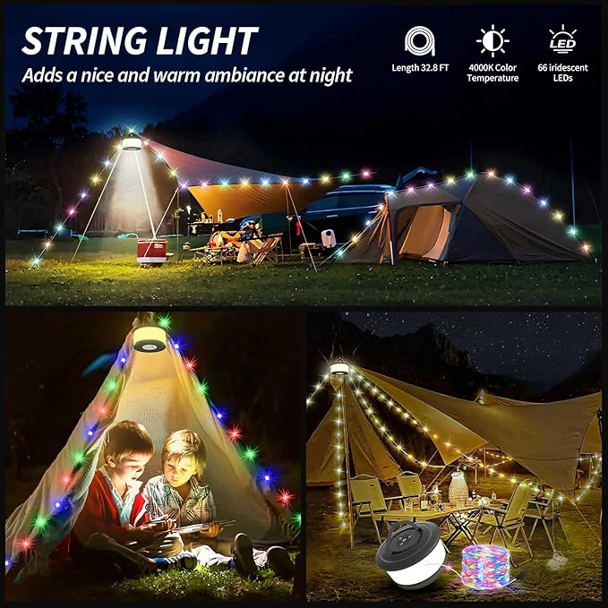 2pcs Camping String Lights,2 in 1 Upgraded 32.8FT Rechargeable Tent Lights String with 19 Lighting Modes,Quick Storage camping lights，Portable LED Lamp for Bedroom Yard Decor Christmas (Black)