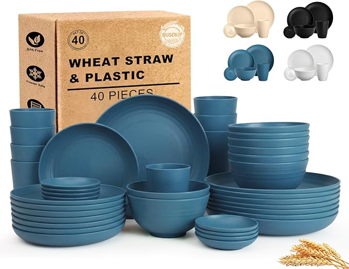 Wheat Straw Dinnerware Sets for 8, Unbreakable Bowl and Plate Set 40 Piece, Reusable Plastic Dish Sets for 8, Microwave and Dishwahser Safe Dining Set, Apartment and Kitchen Essentials - Blue