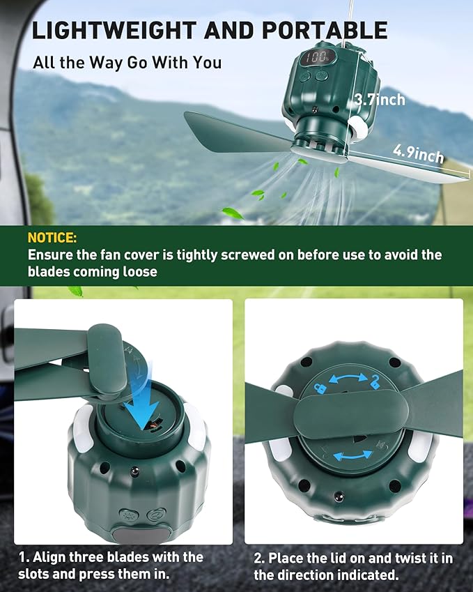 DUKUSEEK Tent Ceiling Fans for Camping Hanging, Portable Tent Fans with Light and Remote Control, Power Bank, USB Battery Operated Camping Fan with Hanging Hook for Outdoor, Car, RV