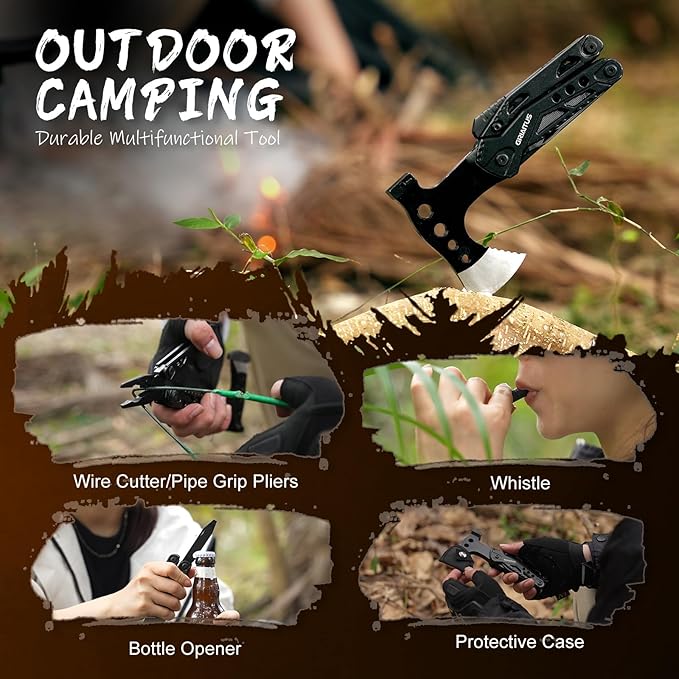 Camping Essentials Multitool Camping Accessories Gifts for Men 16 in 1 Multi Tool Survival Gear with Axe Hammer Pliers Saw Screwdrivers Bottle Opener Whistle for Camping Hiking, Gifts for Dad Him