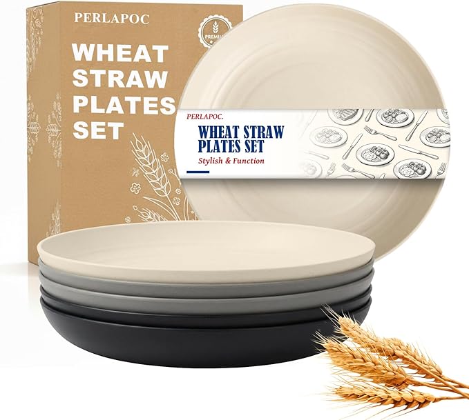 8 Inch Small Plates Set of 6, Wheat Straw Unbreakable Deep Plates, Reusable Plastic Plate for Appetizer, Microwave Dishwasher Safe Salad Plate, Ideal for Family, Camping, RV, Grey Stone