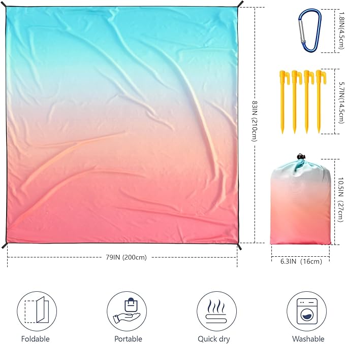 WIWIGO Beach Blanket Waterproof Sandproof Beach Mat 79" X 83"/10'x9'for 2-8 Adults Quick Drying Outdoor Picnic Mat Beach Accessories for Travel, Camping, Hiking