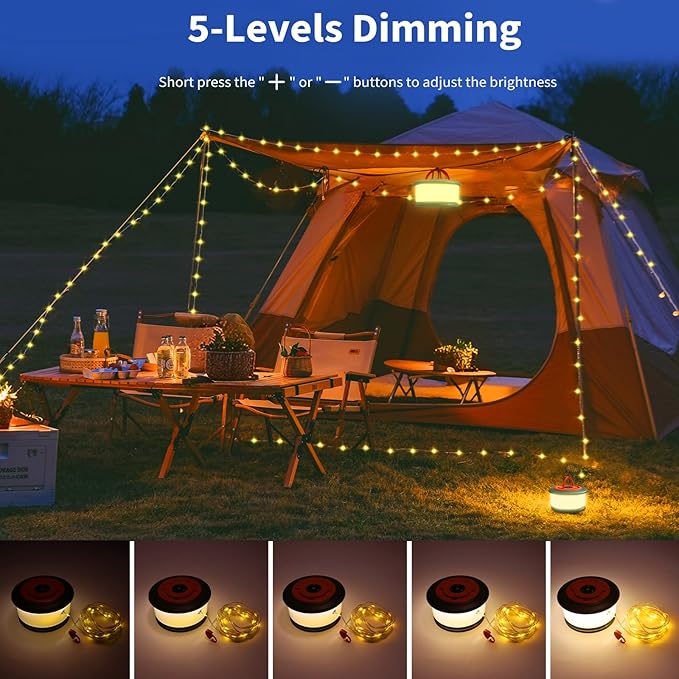Camping String Lights, Rechargeable Tent Lights String with 6 Lighting Modes, 32.8 FT LED Hanging Waterproof Camping Lamp String for Garden, Travel, Decoration Festival Gift (Green Orange)