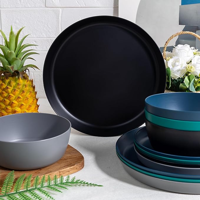EI 12pcs Wheat Straw Plates,Plastic Plates Reusable,Unbreakable Plastic Plate,Wheat Straw Dinnerware Set,Melamine Plate-Black,Dark Grey,Dark Green,Dark Blue,Dinner, Camping,Picnic