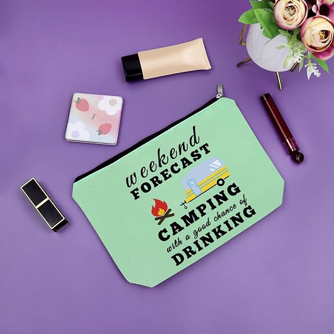 Sazuwu Funny Camping Gifts for Women Green Makeup Bag Happy Camper Birthday Gifts Camping Themed Gifts for Adults Cosmetic Bag Camper Accessories for Travel Trailers Christmas Graduation Gift