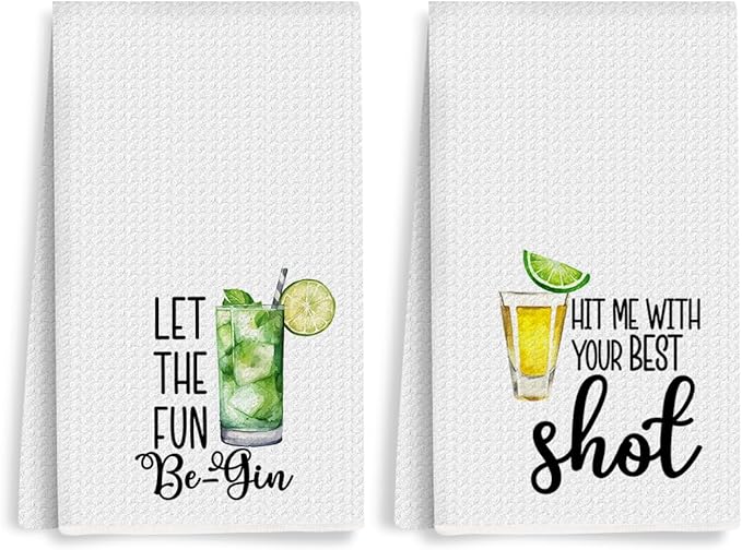2Pcs Funny Wine Kitchen Towels 24x14 Inch, Gin Shot Alcohol Decor Waffle Weave Hand Towels for Kitchen Bar, White Absorbent Microfiber Dish Cloth Tea Towel, Housewarming Gifts for Women Hostess