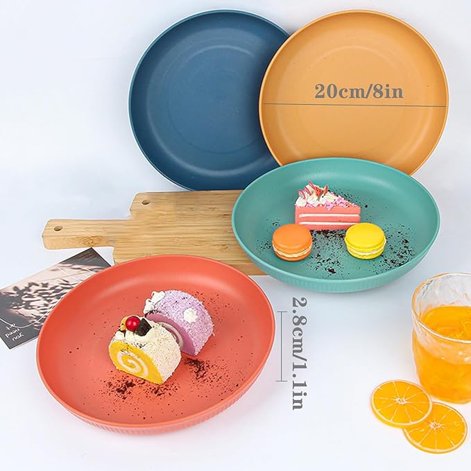 Dinner Plates Set of 4, 8 Inch Plastic Plates Reusable, Wheat Straw Plates, Dishwasher & Microwave Safe, Lightweight Salad Plates for Camping/Kitchen